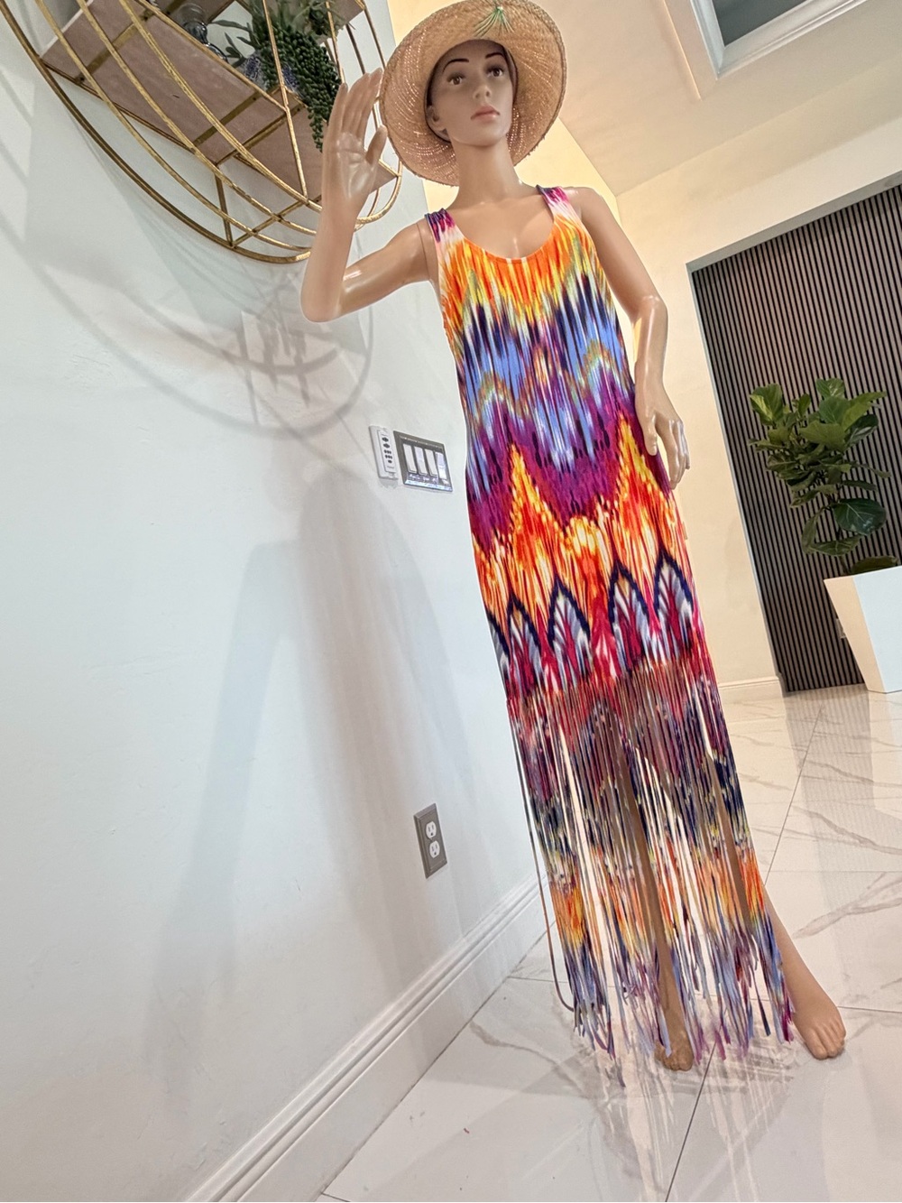 VENUS Multicolor Fringe Maxi Dress in Orange, Purple & Blue